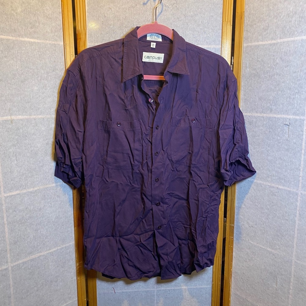 Campus Mens Vintage Purple Rayon Short Sleeve Button Up Shirt Size Medium